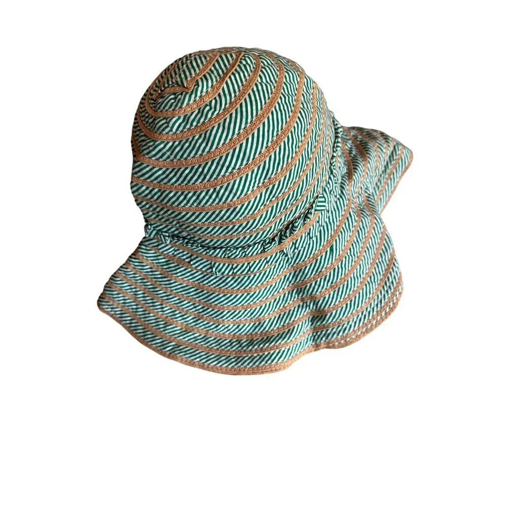 Cynthia Rowley Green & Beige Striped Sun‎ Hat O/S 60% Polyester 40% Paper